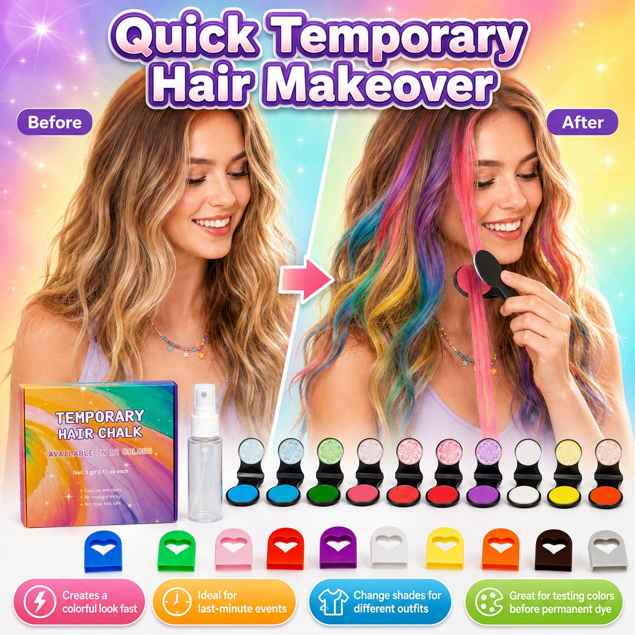 ⚡⚡⚡LAST 44 PCS LEFT!!! 🌈12-Color Temporary Hair Chalk Applicator Set