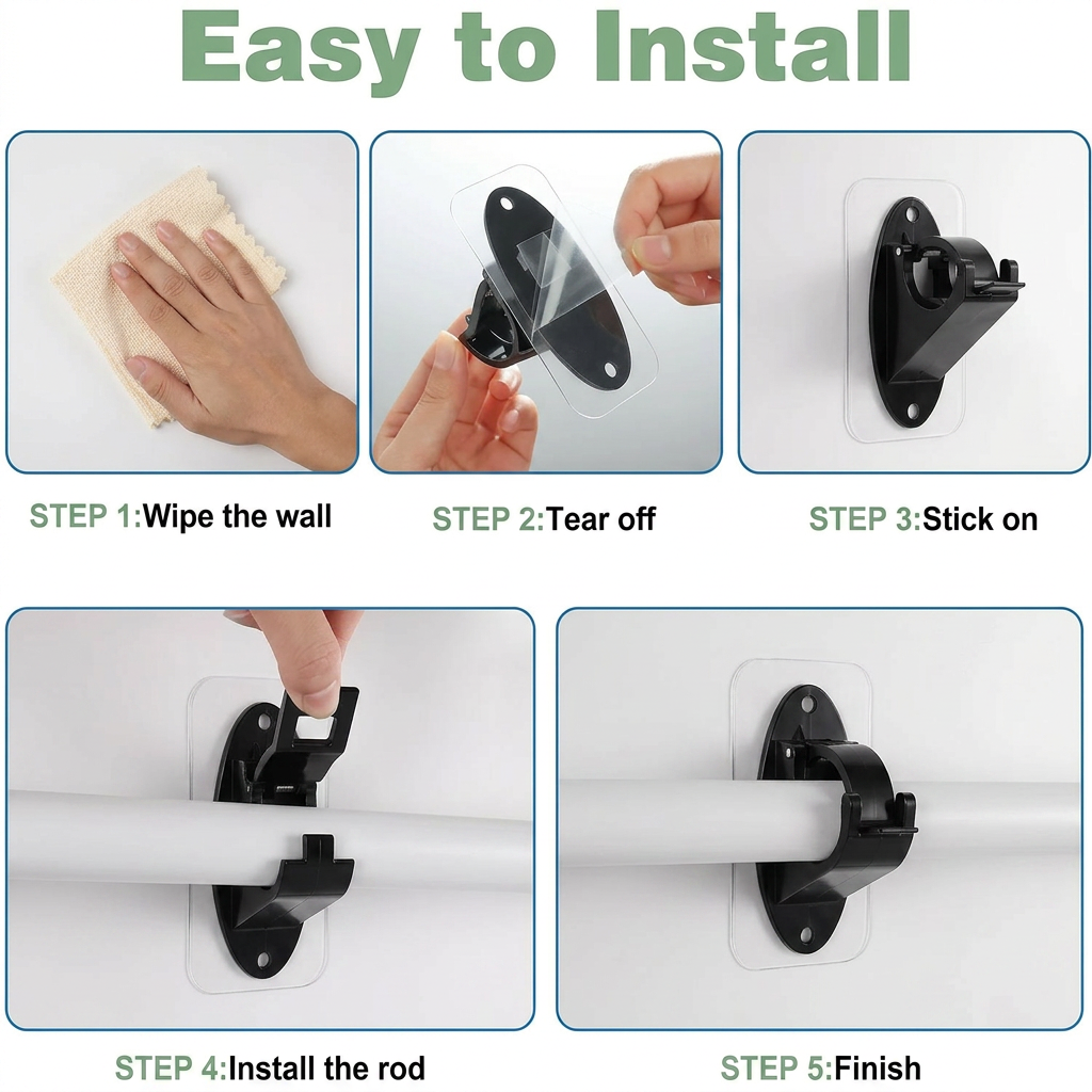 New Self Adhesive Rod Brackets, No Drill Needed Curtain Rod Holders