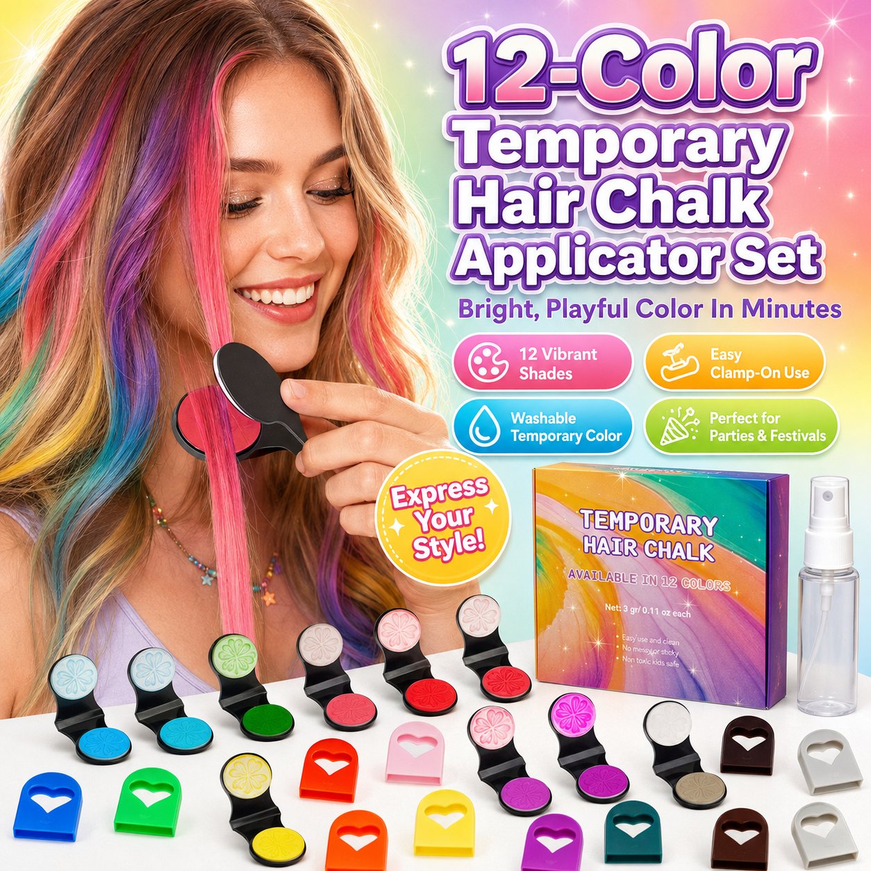 ⚡⚡⚡LAST 44 PCS LEFT!!! 🌈12-Color Temporary Hair Chalk Applicator Set