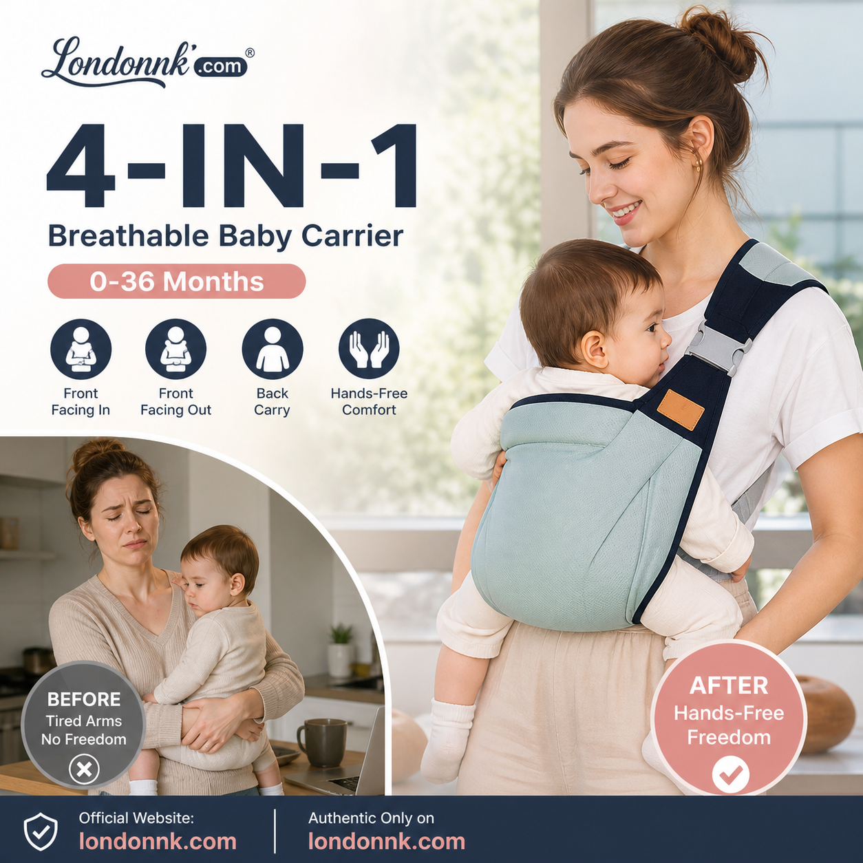 👶 4-in-1 Breathable Baby Carrier – 0-36 Months, Front/Back/Facing In/Out – Hands-Free Comfort for Parent & Baby! ✨