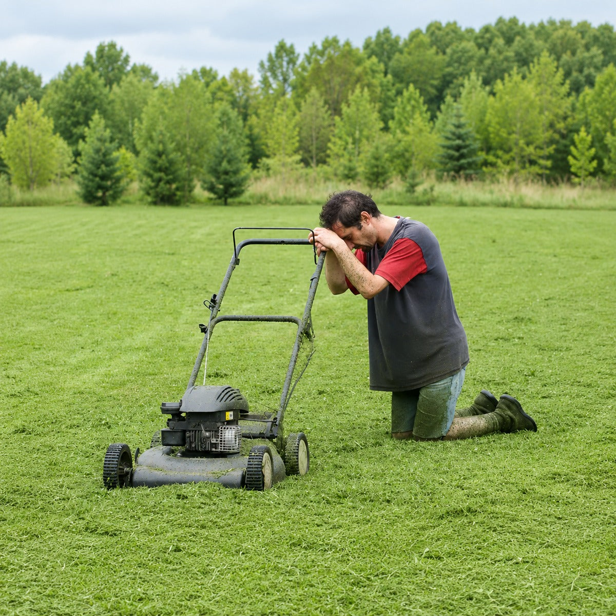Tired homeowner dealing with lawn work
