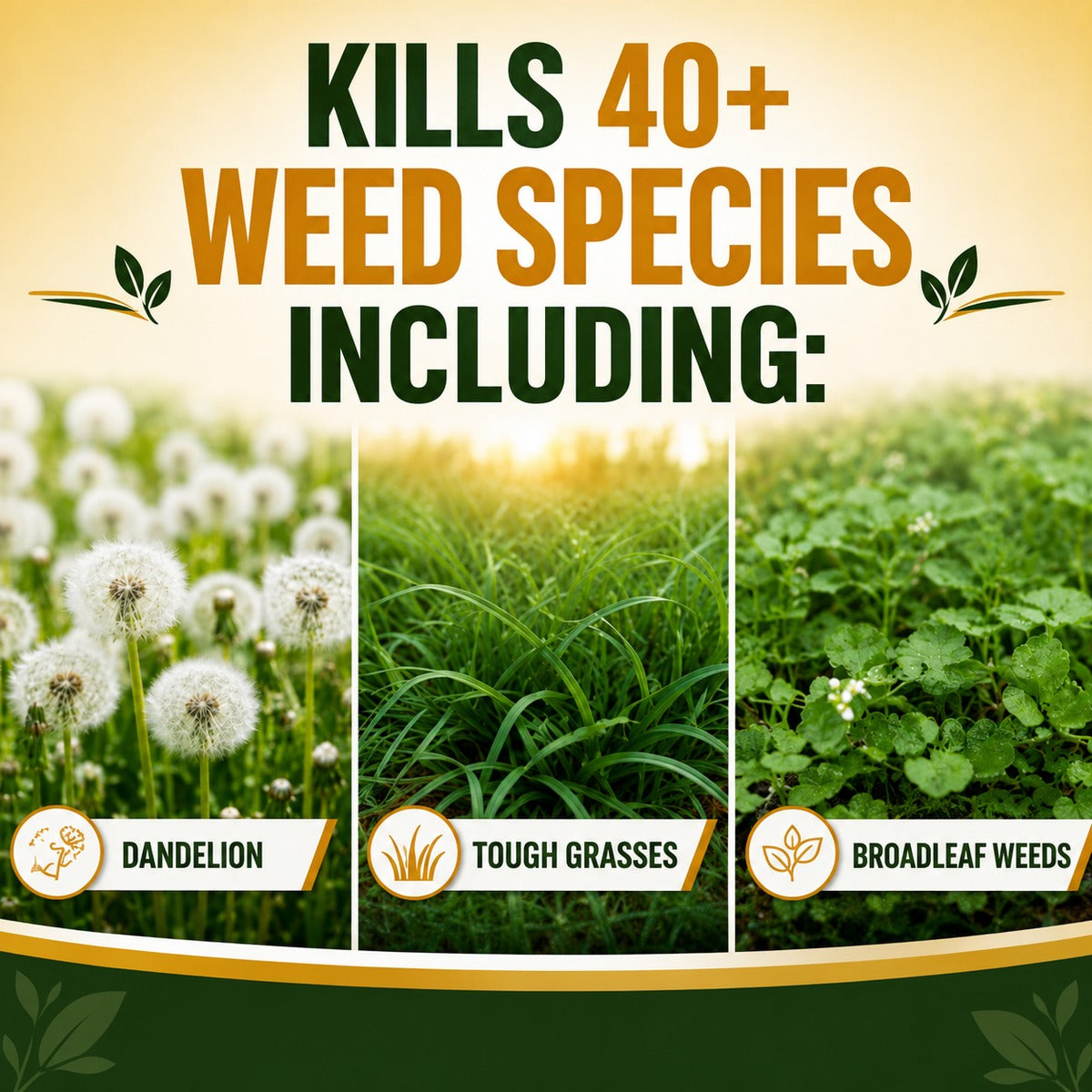 Kills 40 plus weed species including dandelion tough grasses broadleaf weeds