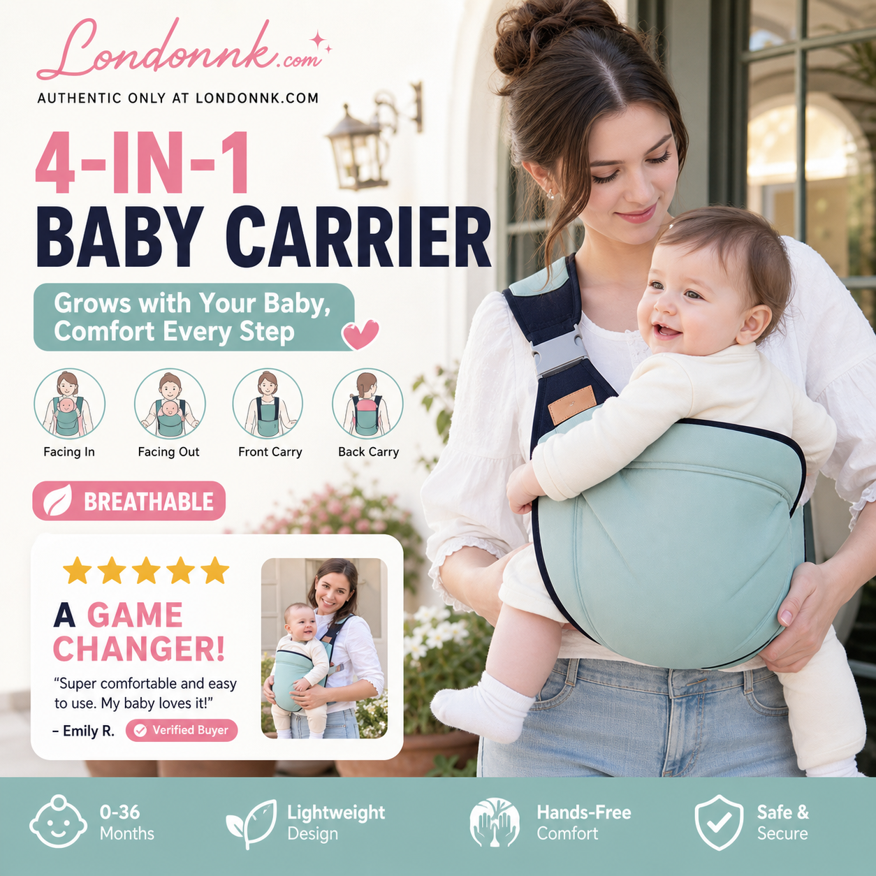 👶 4-in-1 Breathable Baby Carrier – 0-36 Months, Front/Back/Facing In/Out – Hands-Free Comfort for Parent & Baby! ✨