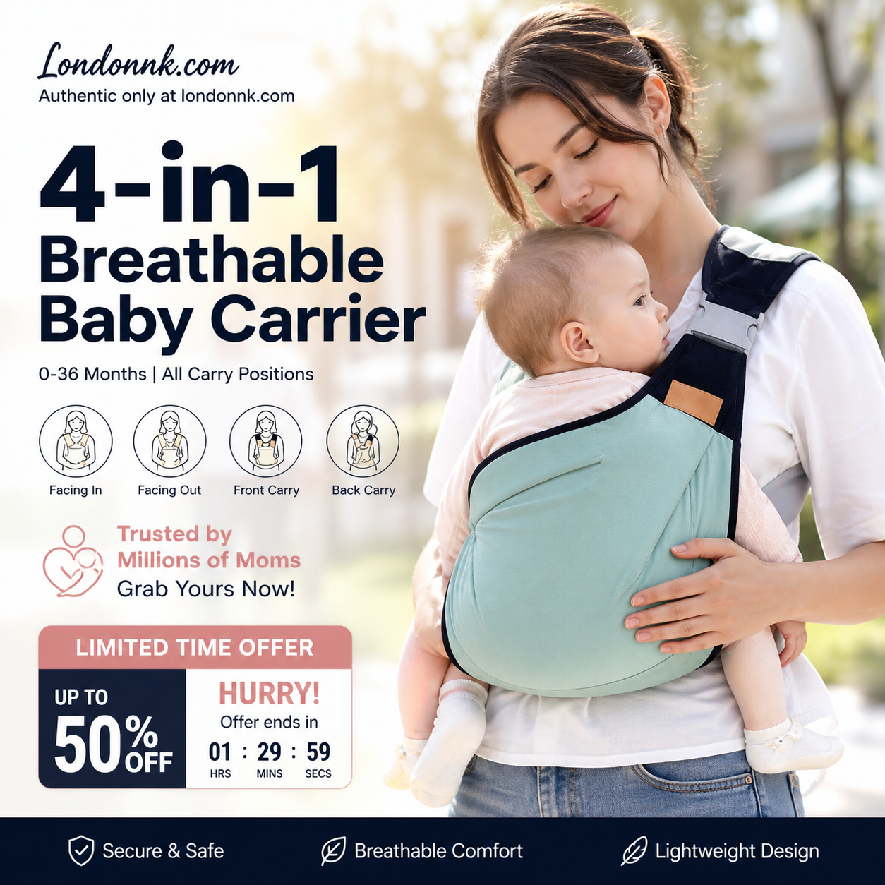 👶 4-in-1 Breathable Baby Carrier – 0-36 Months, Front/Back/Facing In/Out – Hands-Free Comfort for Parent & Baby! ✨
